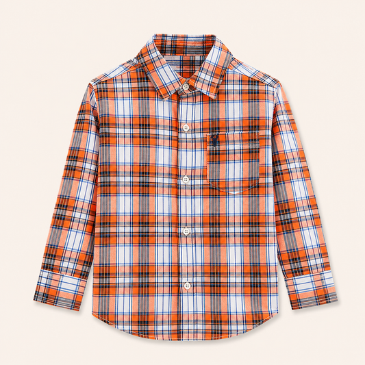 Plaid shirt with orange, blue, and white pattern on a white background