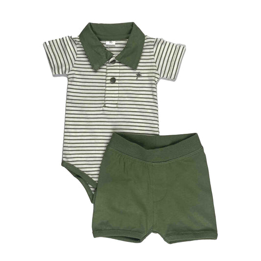 2 Piece Bodysuit & Shorts Set (Green Stripes)